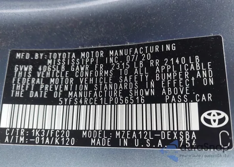 2020 Toyota Corolla Se z USA, uszkodzony, nr VIN 5YFS4RCE1LP056516